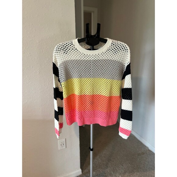 Lisa Todd Sweater Stripe Shock Open Stitch Knit Color-block Sweater - Picture 1 of 9